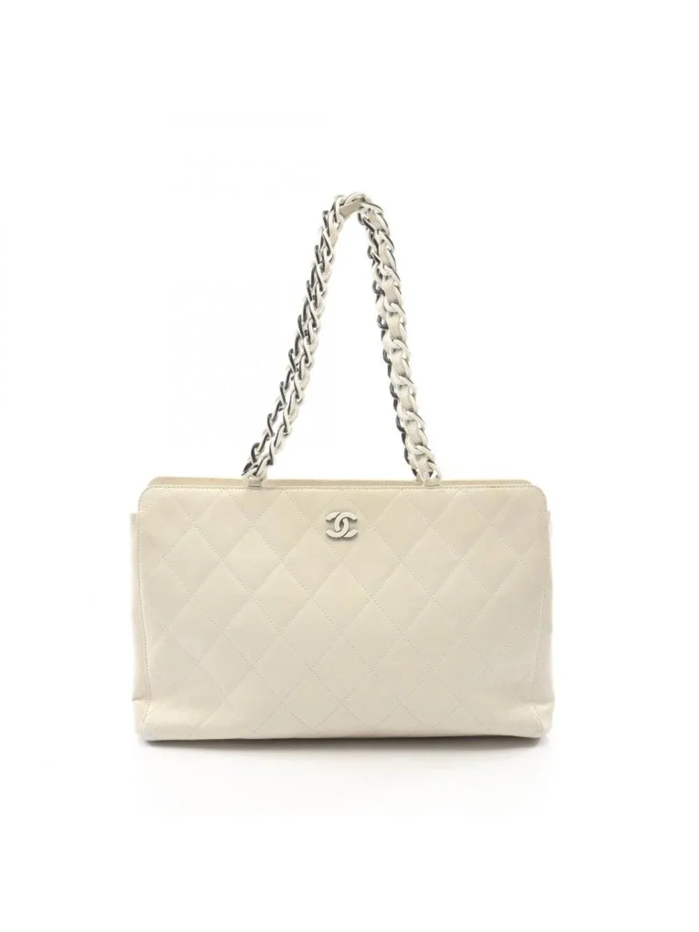 Chanel Tote Quilted White Leather Plastic Chain